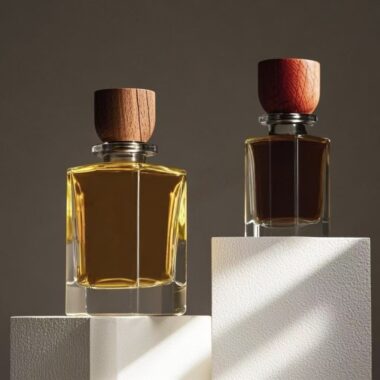 Curved clear glass perfume bottle with natural wooden cap