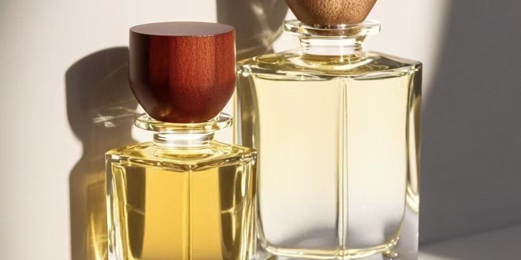 Curved clear glass perfume bottle with natural wooden cap