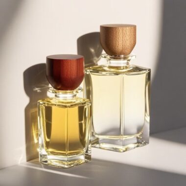 Curved clear glass perfume bottle with natural wooden cap