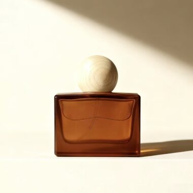 Matte brown square glass perfume bottle with natural wood cap