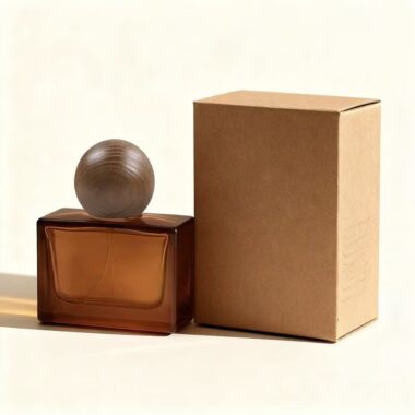 Matte brown square glass perfume bottle with natural wood cap