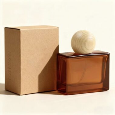 Matte brown square glass perfume bottle with natural wood cap