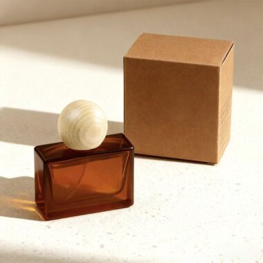 Matte brown square glass perfume bottle with natural wood cap