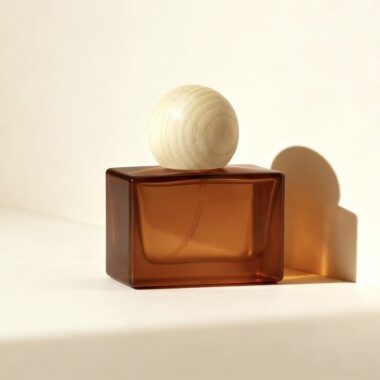 Matte brown square glass perfume bottle with natural wood cap