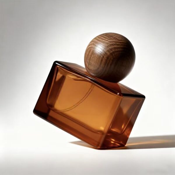 Matte brown square glass perfume bottle with natural wood cap