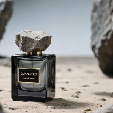 Square black transparent glass perfume bottle with stone cap