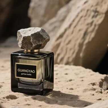 Square black transparent glass perfume bottle with stone cap