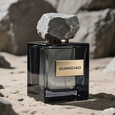 Square black transparent glass perfume bottle with stone cap