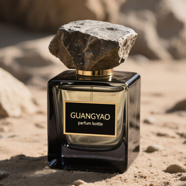 Square black transparent glass perfume bottle with stone cap