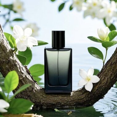 Square green glass perfume bottle with spray design