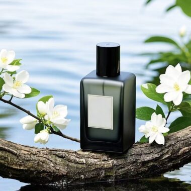 Square green glass perfume bottle with spray design