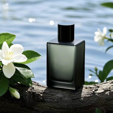 Square green glass perfume bottle with spray design