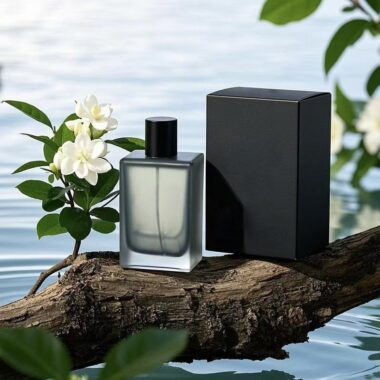 Square green glass perfume bottle with spray design