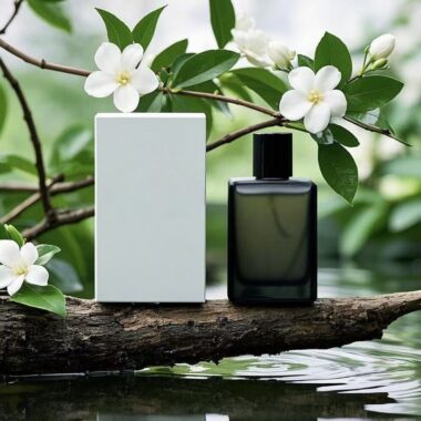 Square green glass perfume bottle with spray design