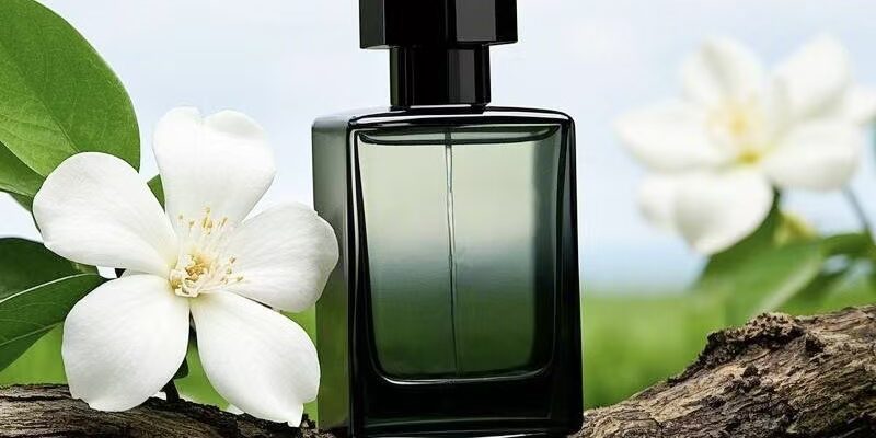 Square green glass perfume bottle with spray design