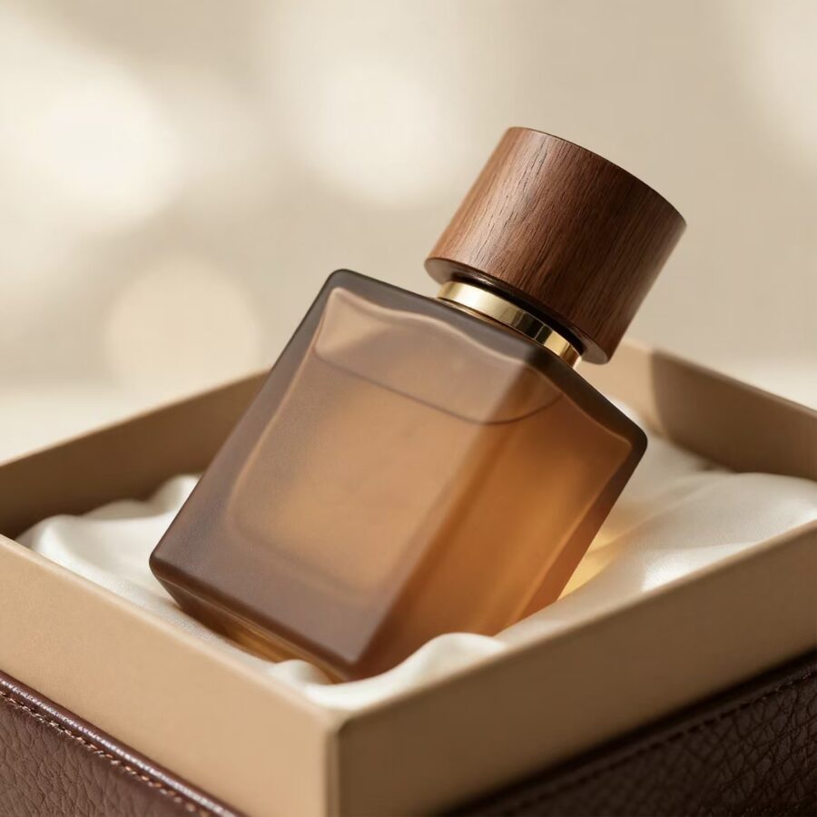 Premium square glass perfume bottle with natural wooden cap